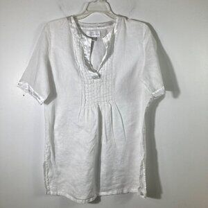Womens Soft‎ Surroundings Linen V Neck Tunic Front Pleats Satin Trim White 8